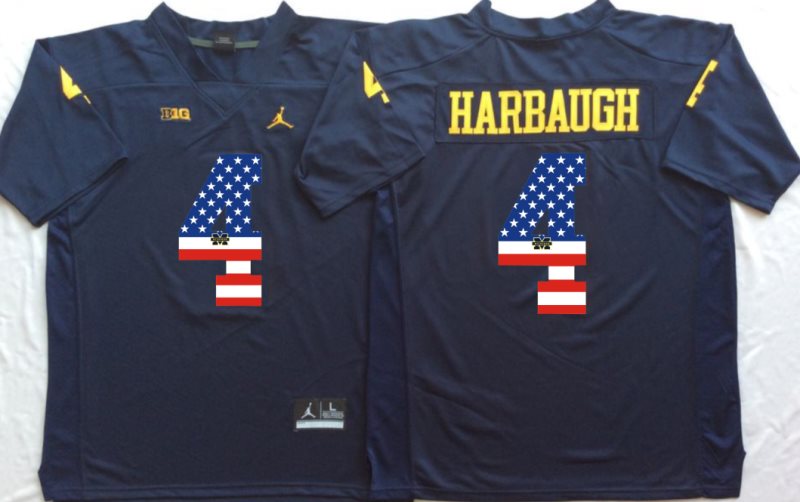 NCAA Michigan Wolverines 4 Jim Harbaugh Navy USA Flag Men Jersey