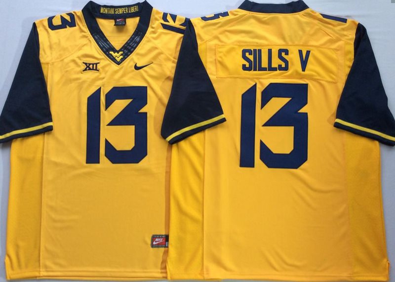 NCAA West Virginia Mountaineers 13 David Sills V Yellow College Football Men Jersey