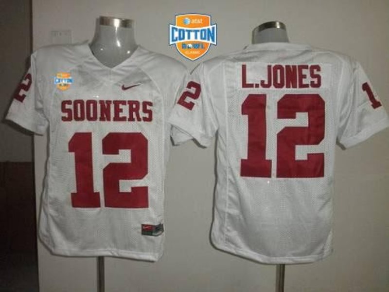 NCAA Oklahoma Sooners 12 Landy Jones White ATandT Cotton Bowl Men Jersey