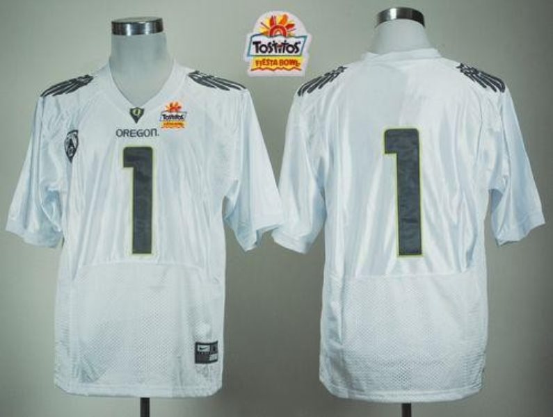 NCAA Oregon Ducks 1 Fan White With PAC-12 Patch Tostitos Fiesta Bowl Men Jersey