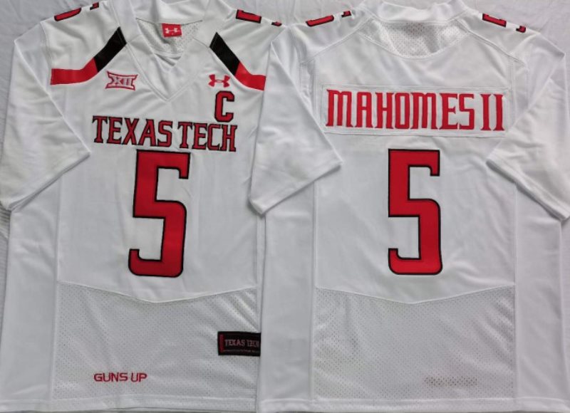 NCAA Texas Tech Red Raiders 5 Patrick Mahomes II White C Patch College Football Men Jersey