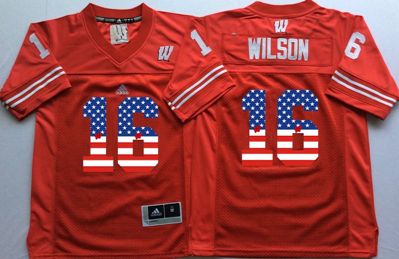 NCAA Wisconsin Badgers 16 Russell Wilson Red USA Flag Men Jersey