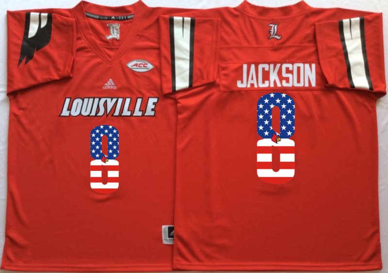 NCAA Louisville Cardinals 8 Lamar Jackson Red USA Flag Men Jersey