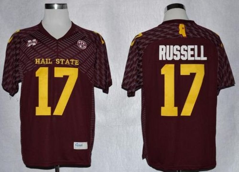 NCAA Mississippi State Bulldogs 17 Tyler Russell Maroon SEC Patch Men Jersey