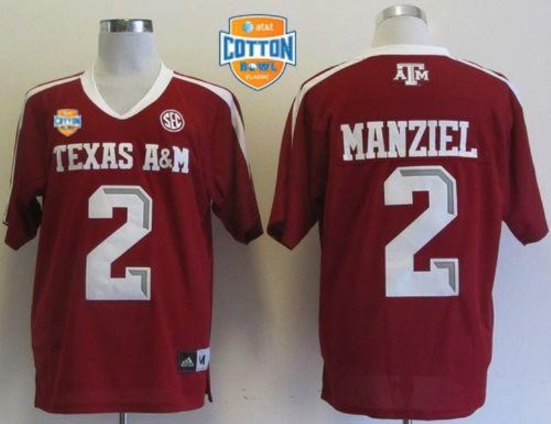 NCAA Texas A&M Aggies 2 Johnny Manziel Red SEC Patch ATandT Cotton Bowl Men Jersey