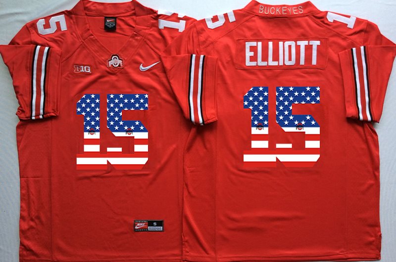 NCAA Ohio State Buckeyes 15 Ezekiel Elliott Red USA Flag Football Men Jersey