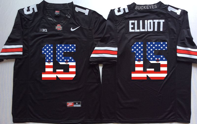 NCAA Ohio State Buckeyes 15 Ezekiel Elliott Black USA Flag Football Men Jersey