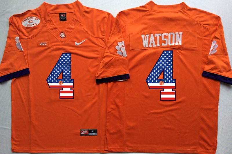 NCAA Clemson Tigers 4 Deshaun Watson Orange USA Flag Men Jersey