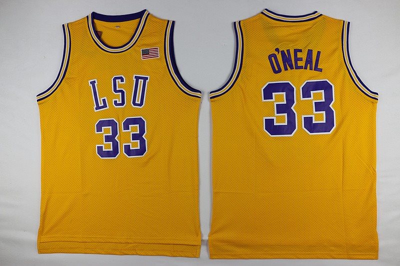 NCAA LSU Tigers 33 Shaquille O'Neal Gold Basketball Men Jersey