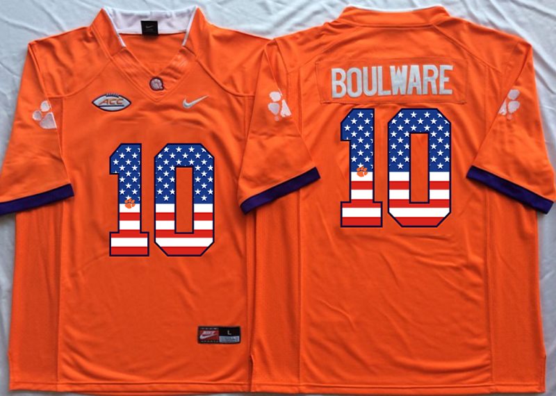NCAA Clemson Tigers 10 Ben Boulware Orange USA Flag Men Jersey