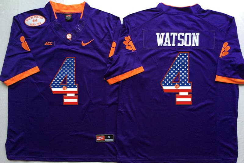 NCAA Clemson Tigers 4 Deshaun Watson Purple USA Flag Men Jersey