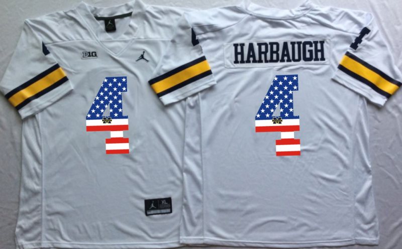 NCAA Michigan Wolverines 4 Jim Harbaugh White USA Flag Men Jersey