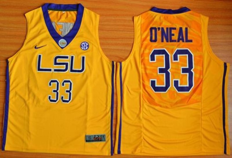 NCAA LSU Tigers 33 Shaquille ONeal Gold Basketball Men Jersey