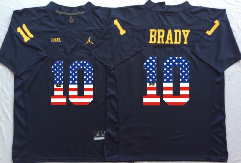 NCAA Michigan Wolverines 10 Tom Brady Navy USA Flag Men Jersey