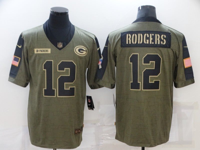 Nike Green Bay Packers 12 Aaron Rodgers 2021 Olive Salute To Service Limited Men Jersey