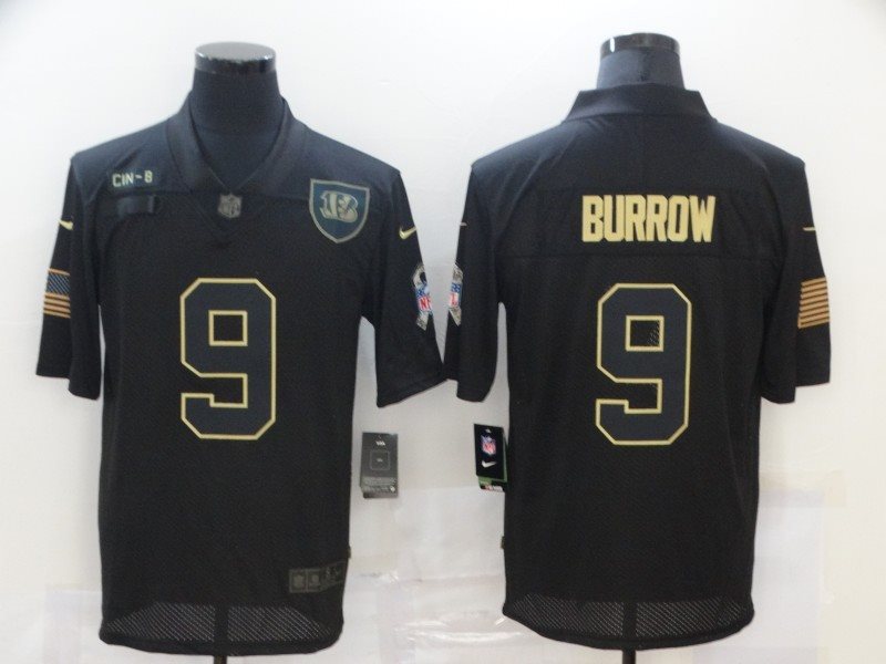 Nike Bengals 9 Joe Burrow Black 2020 Black Salute to Service Limited Men Jersey