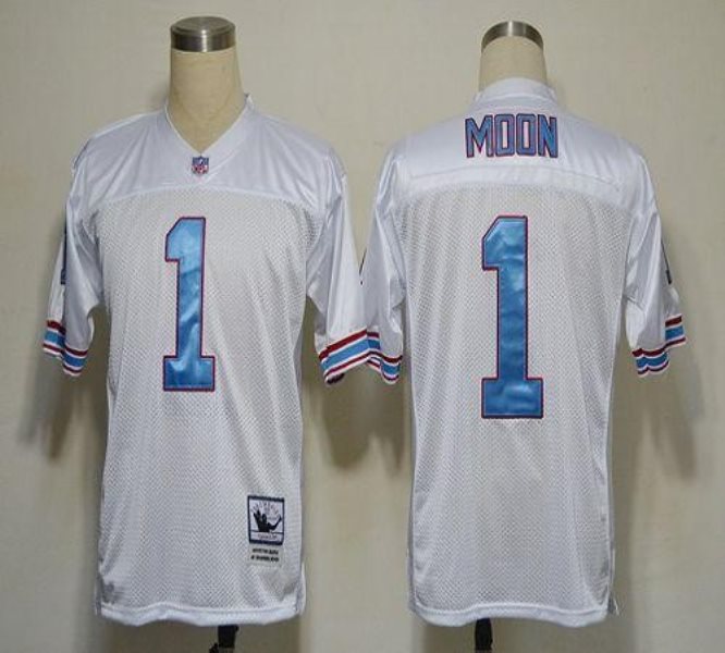 Mitchell And Ness Oilers 1 Warren Moon White Stitched Throwback NFL Jersey