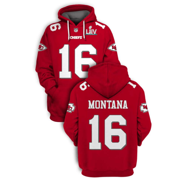 NFL 49ers 16 Joe Montana Red Super Bowl LIV 2021 Stitched New Hoodie