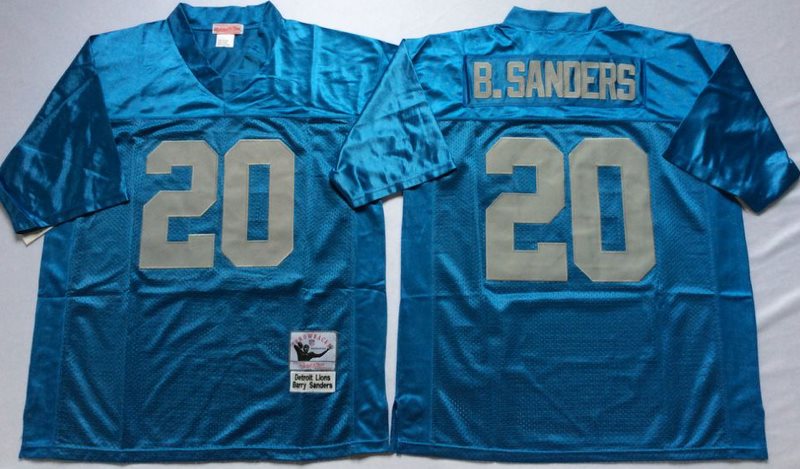 Mitchell and Ness NFL Lions 20 Barry Sanders Light Blue Throwback Jersey