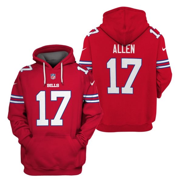 NFL Bills 17 Josh Allen Red 2021 Stitched New Hoodie