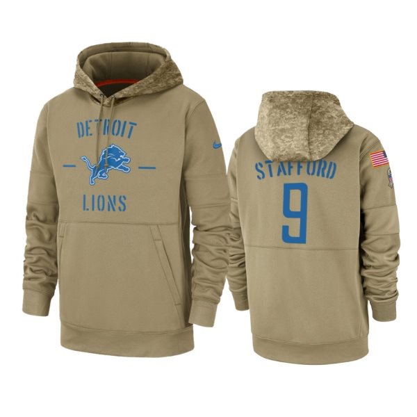 Nike Detroit Lions 9 Matthew Stafford Tan 2019 Salute to Service Sideline Therma Pullover Hoodie