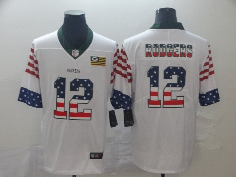 Nike Packers 12 Aaron Rodgers White USA Flag Fashion Limited Men Jersey