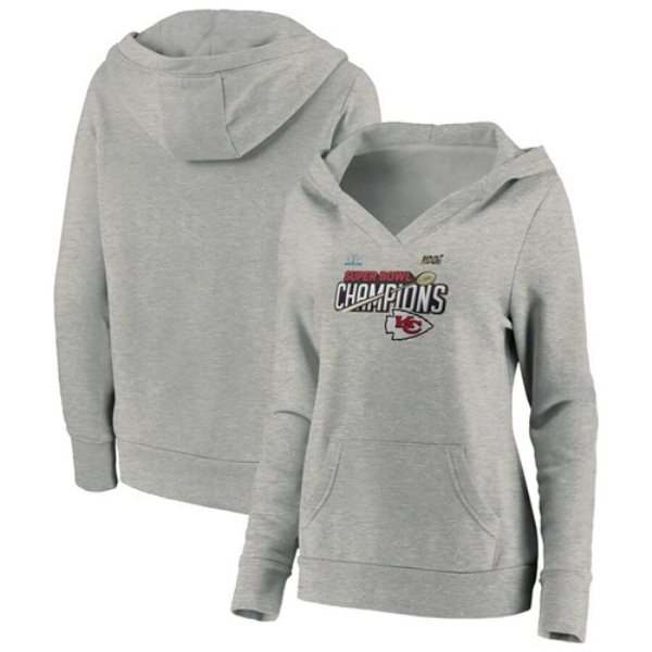 NFL Chiefs Heathered Gray Super Bowl LIV Champions Lateral Pullover Women Hoodie(Run Small)