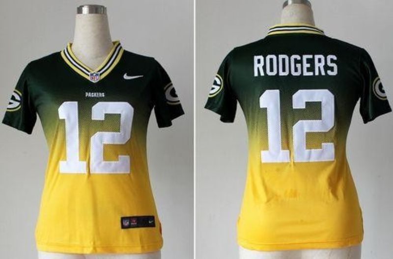 Packers No.12 Aaron Rodgers Green/Gold Inwrought Women Football Fadeaway Elite Jersey Order