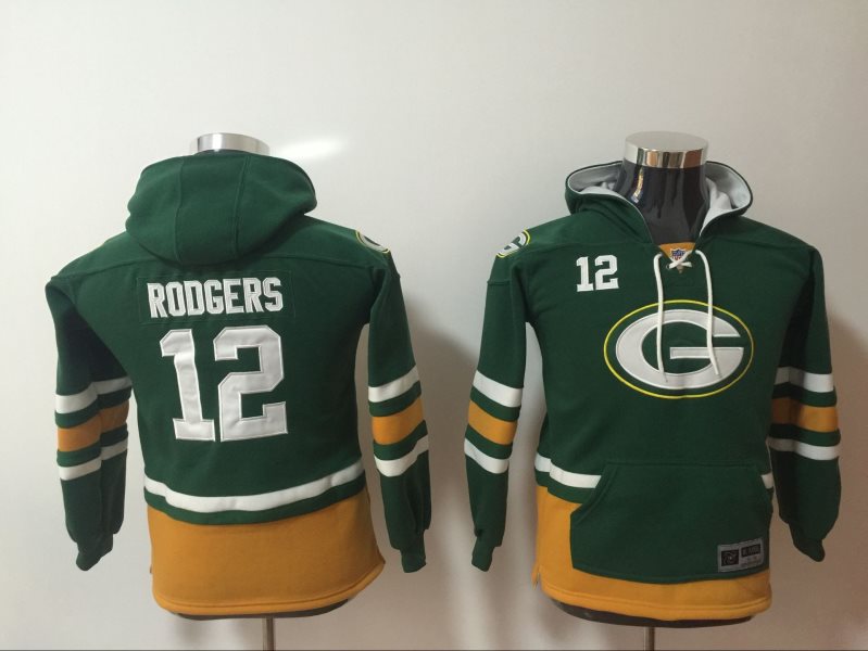 Nike Green Bay Packers 12 Aaron Rodgers Green All Stitched Hooded Youth Sweatshirt
