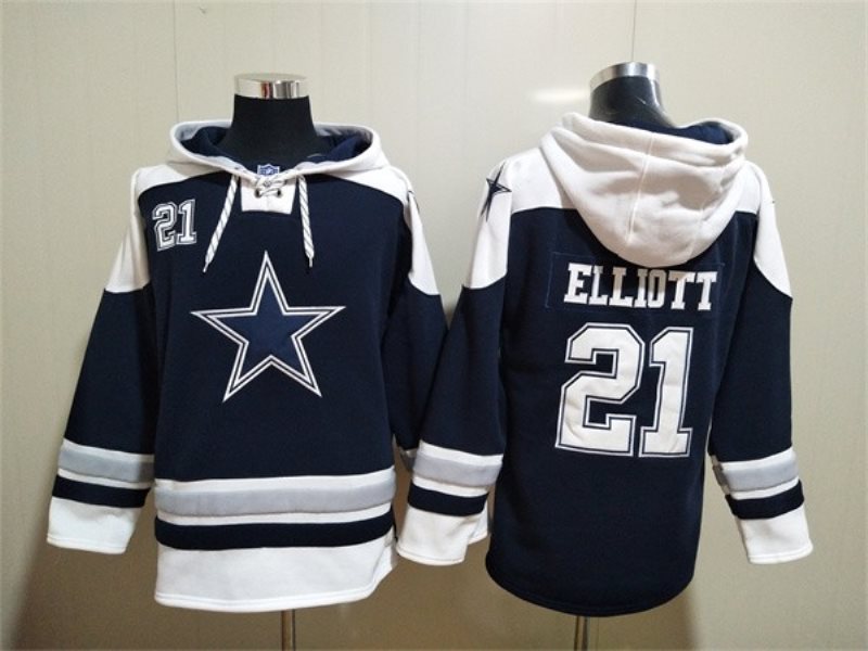 NFL Cowboys 21 Ezekiel Elliott Navy Ageless Must-Have Lace-Up Sweatshirt Hoodie