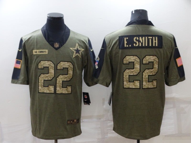 Nike Cowboys 22 Emmitt Smith 2021 Olive Camo Salute To Service Limited Men Jersey