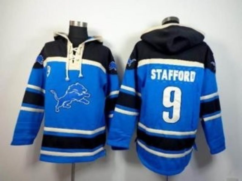 Detroit Lions No.9 Matthew Stafford Blue Sawyer Hooded Sweatshirt Men's Football Jersey