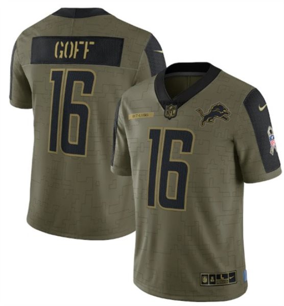 Nike Detroit Lions 16 Jared Goff 2021 Olive Salute To Service Limited Men Jersey
