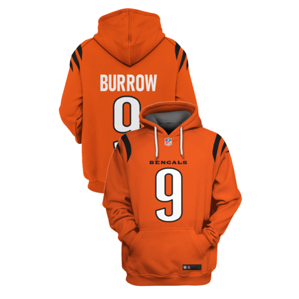 NFL Bengals 9 Joe Burrow All Orange 2021 Stitched New Hoodie
