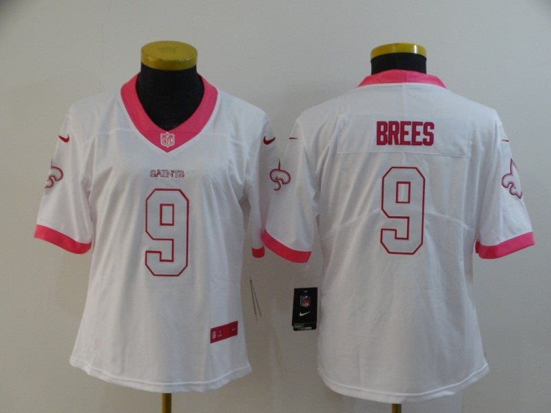 Nike Saints 9 Drew Brees White Pink Limited Women Jersey