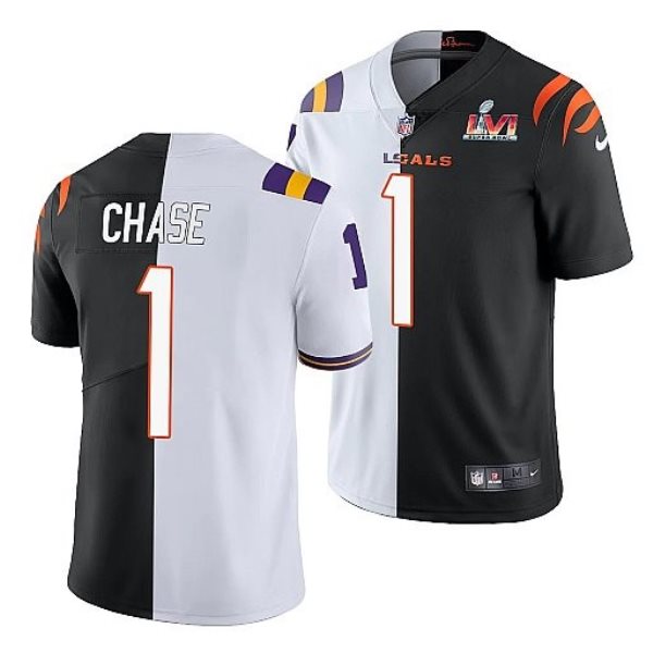 Nike Bengals x LSU Tigers 1 Ja'Marr Chase White Black 2022 Super Bowl LVI Split Limited Men Jersey