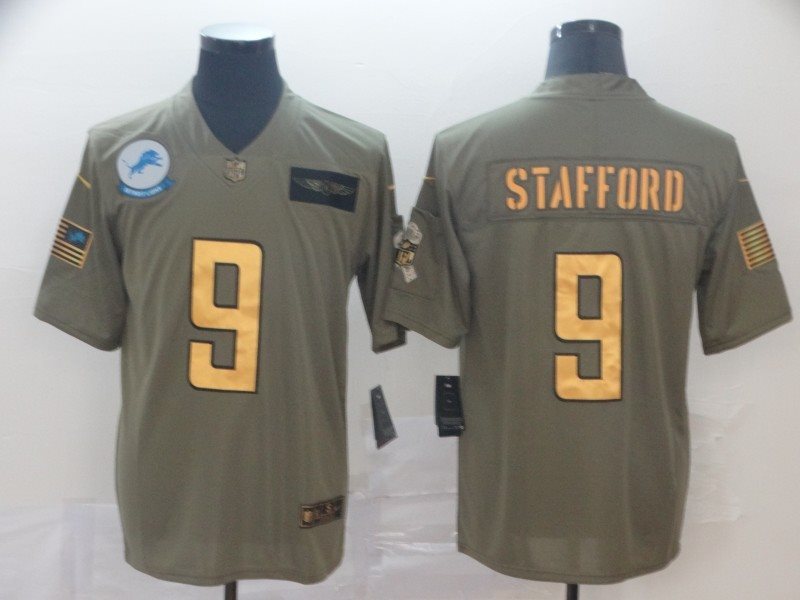 Nike Lions 9 Matthew Stafford 2019 Olive Gold Salute To Service Limited Men Jersey