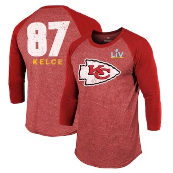 NFL Chiefs Travis Kelce Fanatics Branded Red Super Bowl LV Bound Name & Number Raglan 3_4-Sleeve Men T-Shirt