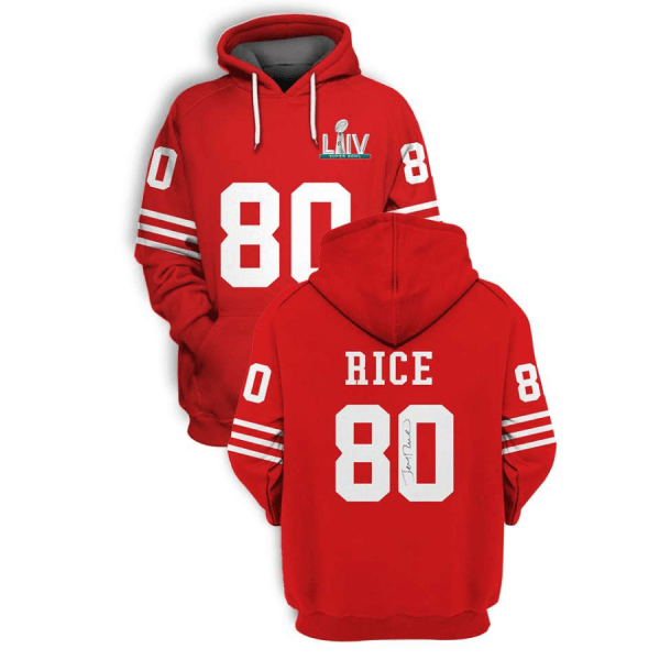 NFL 49ers 80 Jerry Rice Red Super Bowl LIV 2021 Stitched New Hoodie