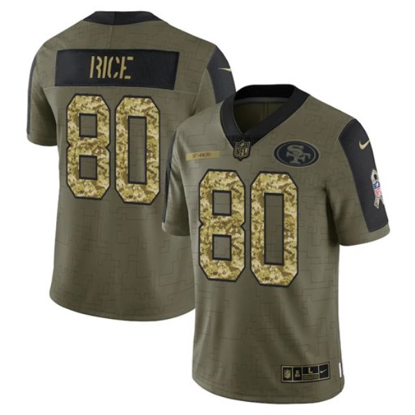 Nike 49ers 80 Jerry Rice 2021 Olive Camo Salute To Service Limited Men Jersey