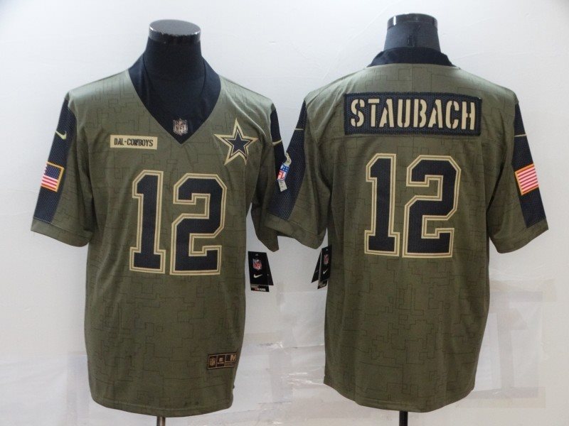 Nike Dallas Cowboys 12 Roger Staubach 2021 Olive Salute To Service Limited Men Jersey