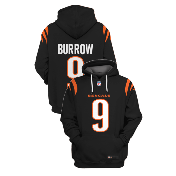 NFL Bengals 9 Joe Burrow Black 2021 Stitched New Hoodie