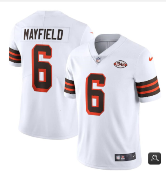 Nike Browns 6 Baker Mayfield White with 1946 patch Vapor Limited Men Jersey