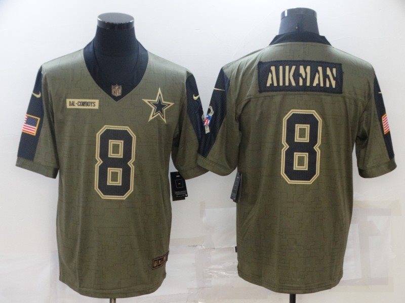 Nike Cowboys 8 Troy Aikman 2021 Olive Salute To Service Limited Men Jersey