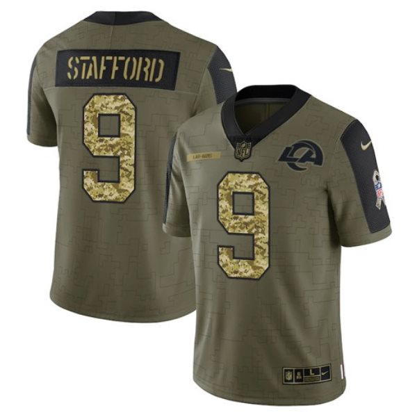 Nike Rams 9 Matthew Stafford 2021 Olive Camo Salute To Service Limited Men Jersey