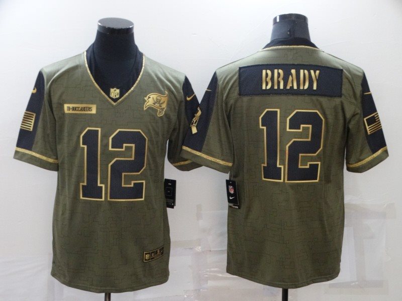 Nike Buccaneers 12 Tom Brady 2021 Olive Gold Salute To Service Limited Men Jersey
