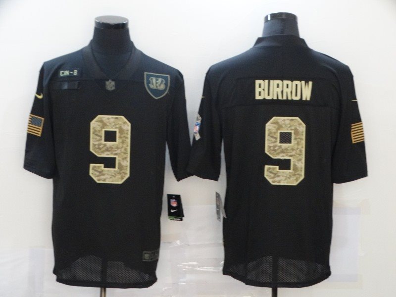 Nike Bengals 9 Joe Burrow 2020 Black Camo Salute To Service Limited Men Jersey