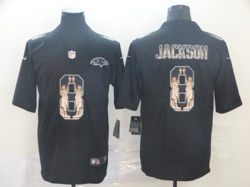 Nike Ravens 8 Lamar Jackson Black Statue of Liberty Limited Men Jersey