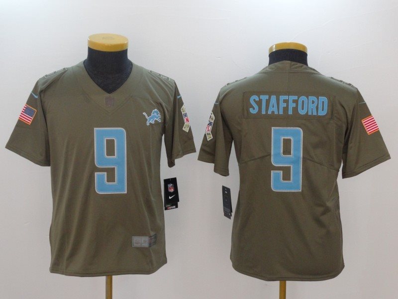 Nike Lions 9 Matthew Stafford Olive 2017 Salute To Service Limited Youth Jersey