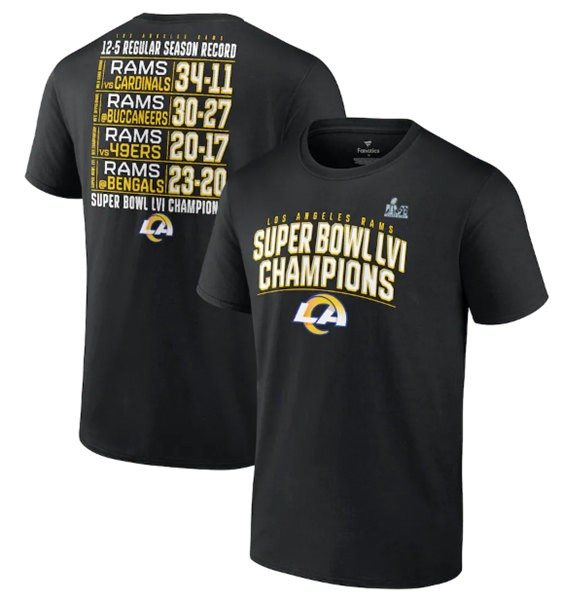 NFL Rams 2022 Black Super Bowl LVI Champions Schedule T-Shirt